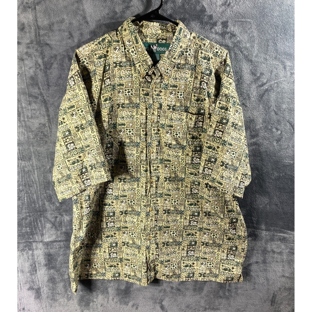 Big Dogs Shirt Mens XL Green Tropical Surf Waves Short Sleeve Hawaiian Button